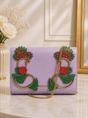 Authentic Versace Floral Embellished Chain Wallet Crossbody Bag